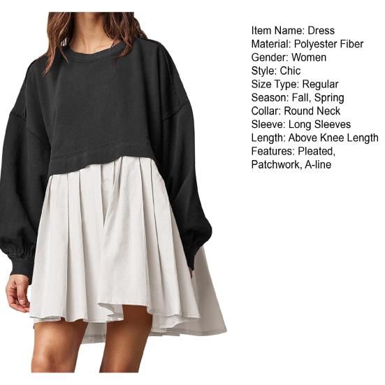 Женское платье Плиссированное платье-свитер с круглым вырезом в стиле пэчворк Свободное платье-свитер с длинными рукавами А-силуэт Большой свободный свитер Мини-платье осень-весна