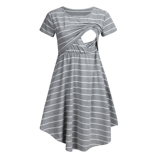 Summer Mother Breastfeeding Dress Openable Front Striped Round Neck Irregular Hem Short Sleeve Pregnant Women Nightdress Midi Dress