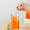 Glass Tumbler with Bamboo Lid Brushes Straw 470ml Can Shaped Glass Cups for Iced Coffee Soda Tea Beer & Ice Coffee Glasses Reusable Glassware