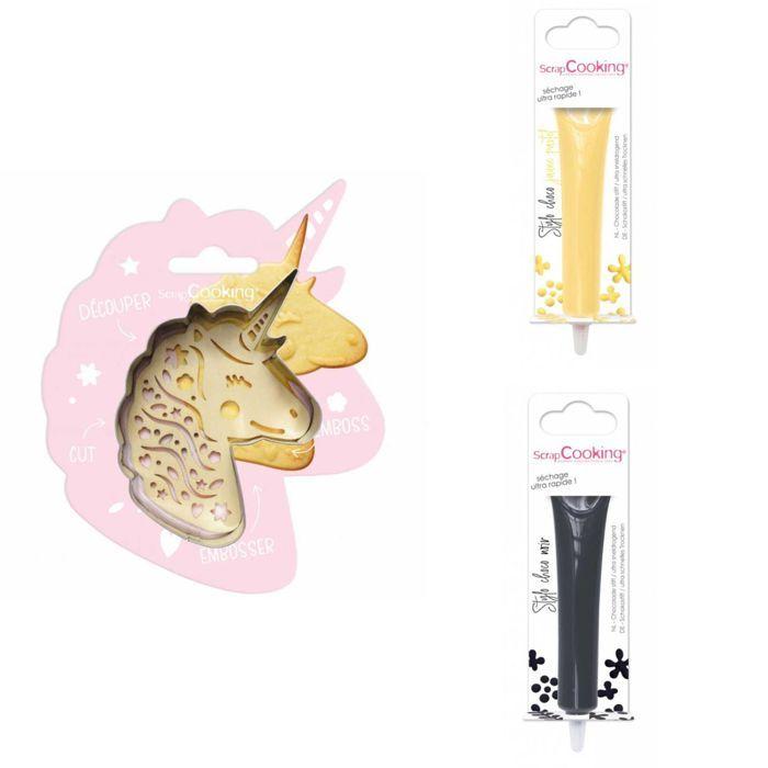 Unicorn Embossed Cookie Kit + 2 Pastel Yellow and Black Chocolate Pens