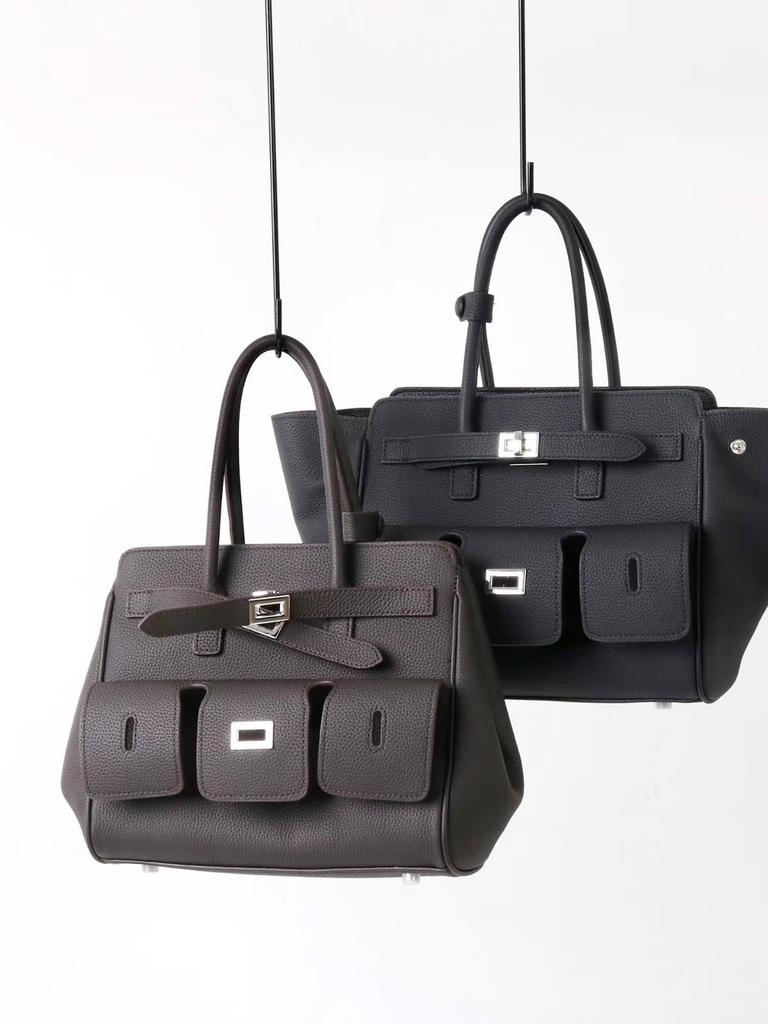 Women's Biker Genuine Leather Multi-Pocket Tote with Dark Square Buckle