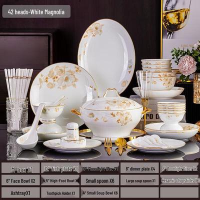 Huazao Baijia DX Набор керамической посуды Белая магнолия, 42 предмета