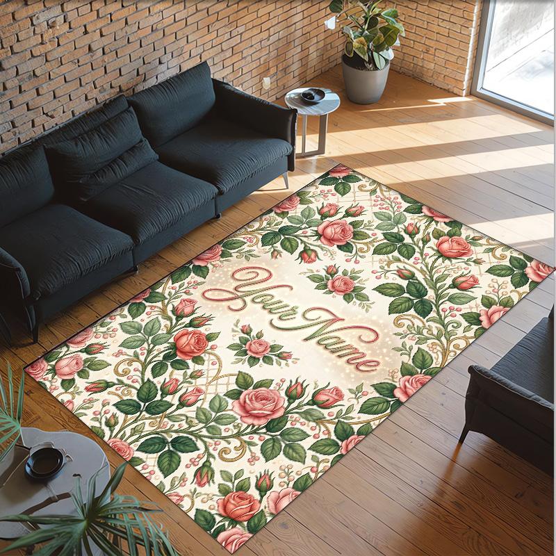 Floral Theme Crystal Velvet Rug Personalized Custom Name Text Soft Floor Mat Home Decor