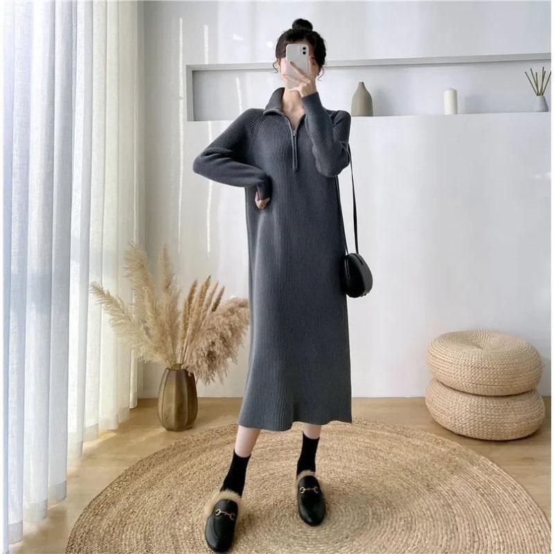 Pullover Autumn and Winter Dress Women 2023 Zipper Design Sense French Black Mid Length Underlay Knitted Woolen Dress Sweater