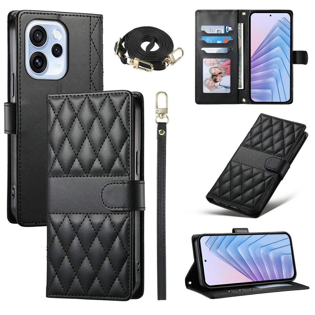 For Oppo Reno15 F 5G Wallet Case Rhombus Stitching Stand Leather Phone Cover with Long / Short Strap