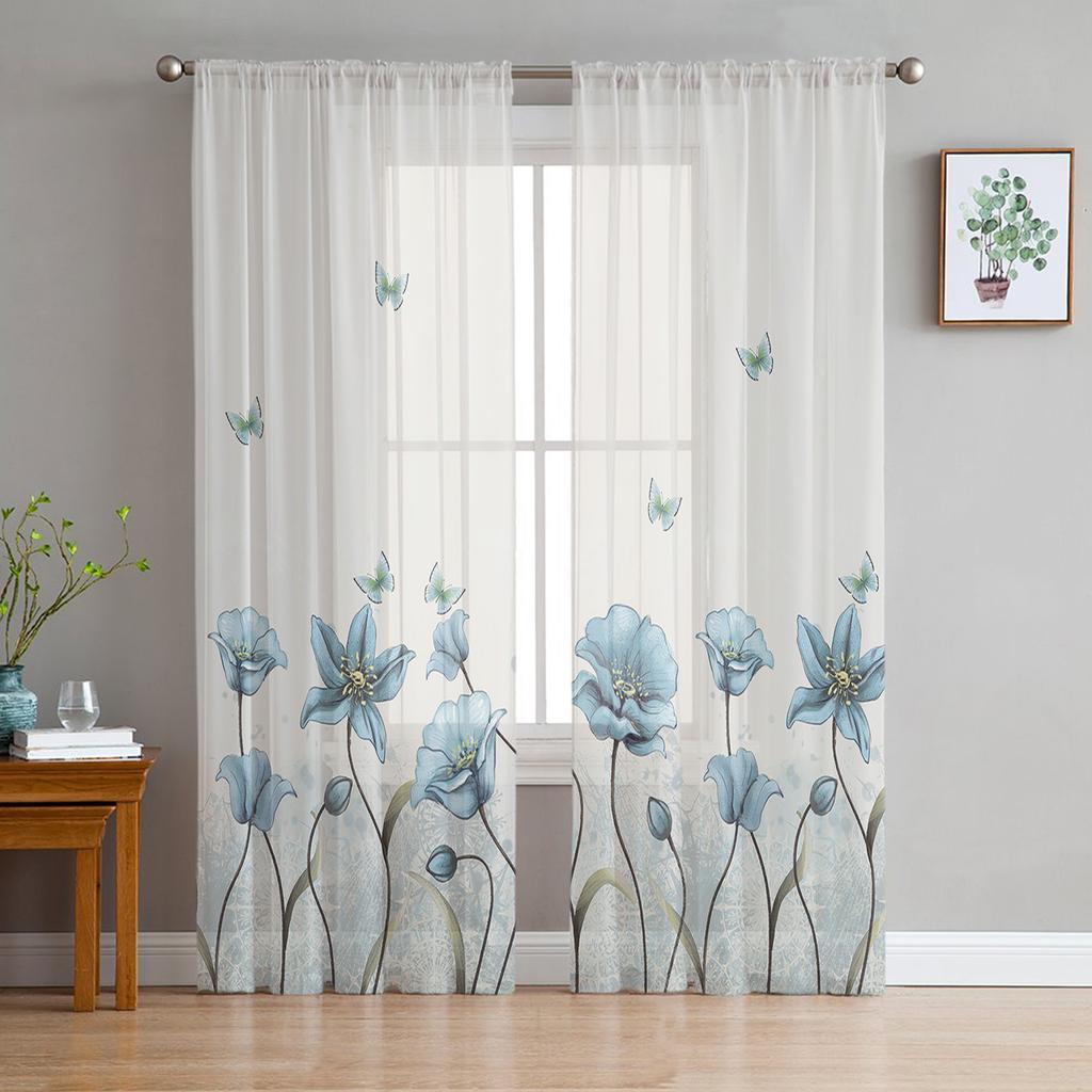 Abstract Purple Flower Chiffon Sheer Curtains for Living Room Bedroom Home Decoration Window Voile Tulle Curtain Drapes