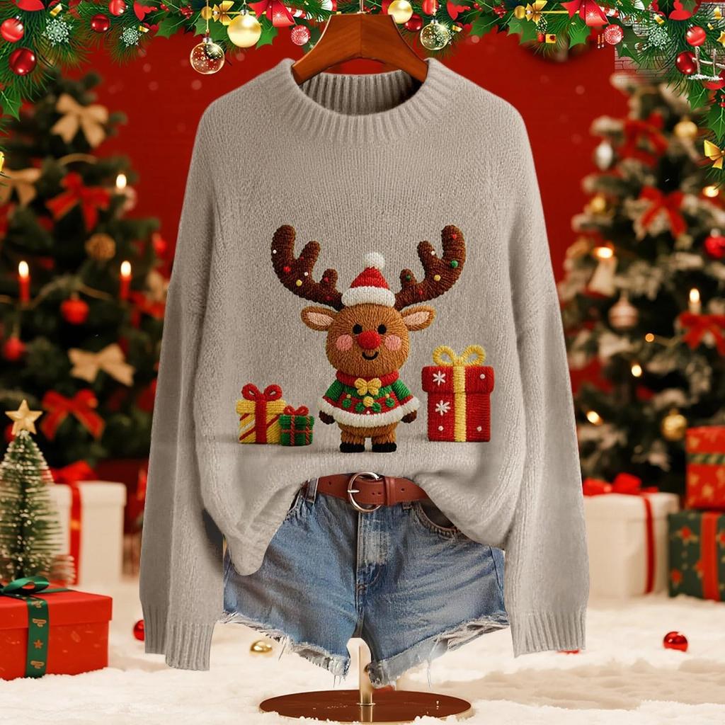 Женский модный пуловер с рождественским принтом, с длинным рукавом и вырезом под горло, вязаный свитер-топ