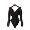 Женская мода V-образным вырезом с длинным рукавом комбинезон Cross Front Bodysuit