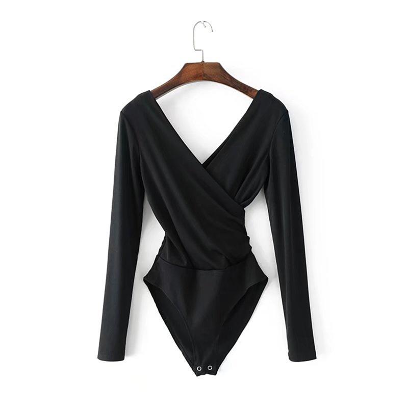 Женская мода V-образным вырезом с длинным рукавом комбинезон Cross Front Bodysuit
