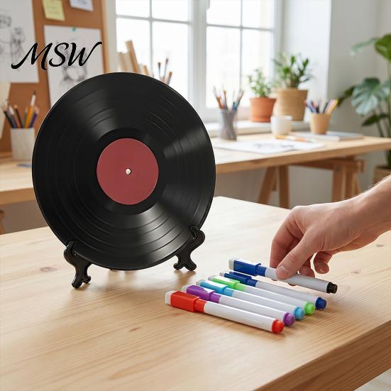 Handwritten Record Signage Vinyl DIY Graffiti Clock Ornament, Reusable Blank Acrylic Retro Tabletop Decor Wall with Display Stand, Personalized