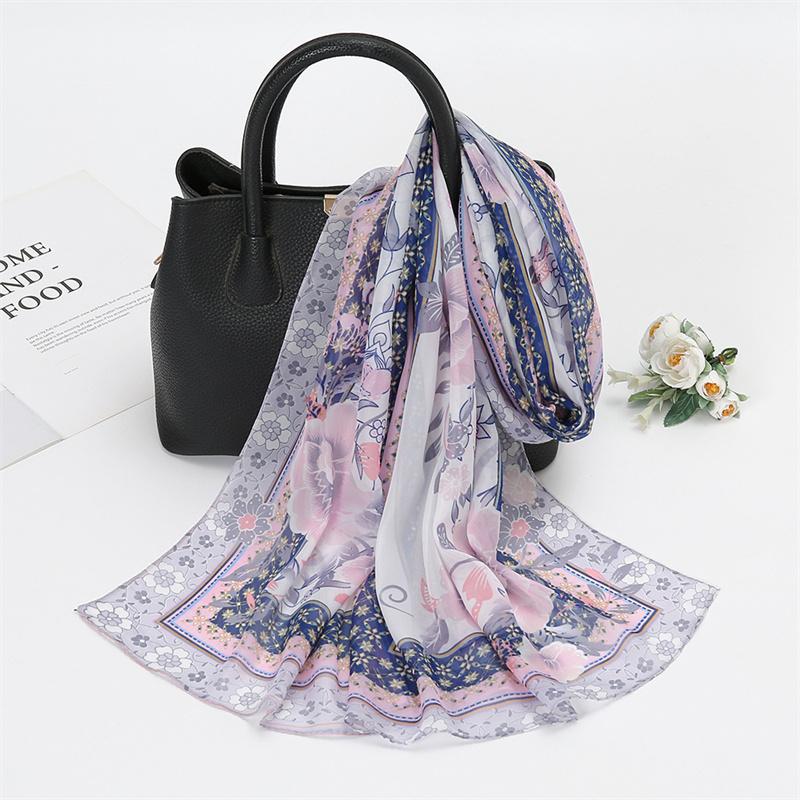Scarves Natural Style Spring and Autumn Printed Flowers and Birds Rectangle Sun Protection Chiffon Scarf