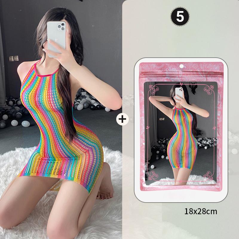 Sexy Lingerie For Women Lace Stockings Floral Fishnet Bodysuits Seamless Fishnet Chemise Rainbow Nightwear Mesh Hole Dress