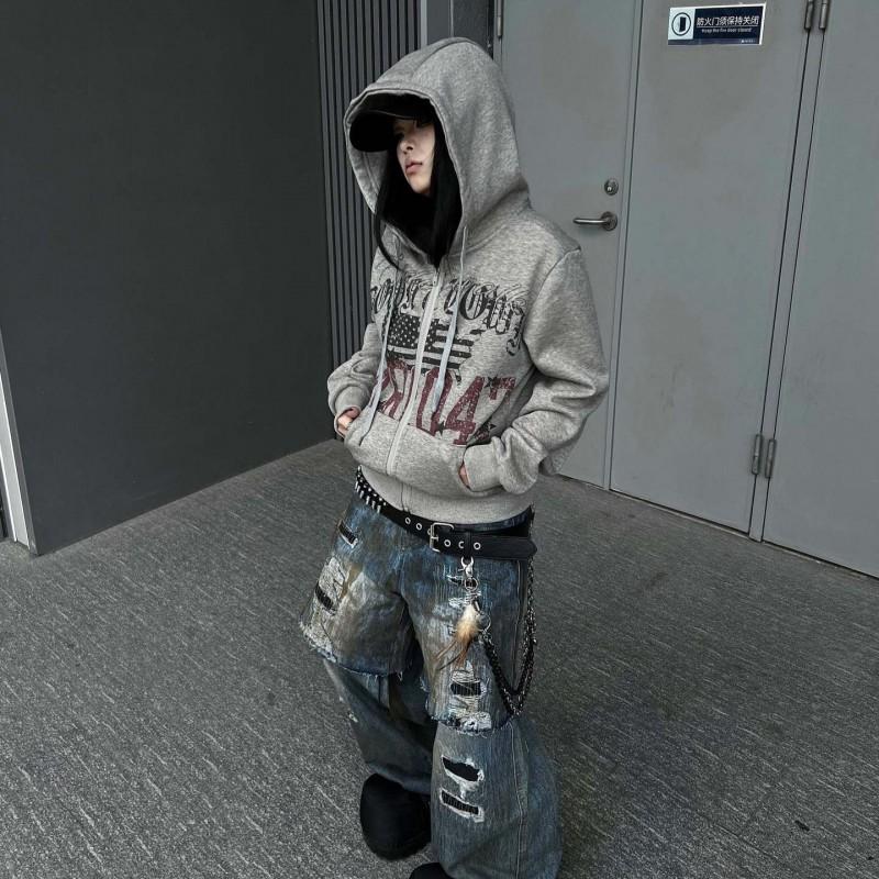 Womens Vintage American Flag Print Zip Up Hoodie Loose Fit Streetwear Sweatshirt