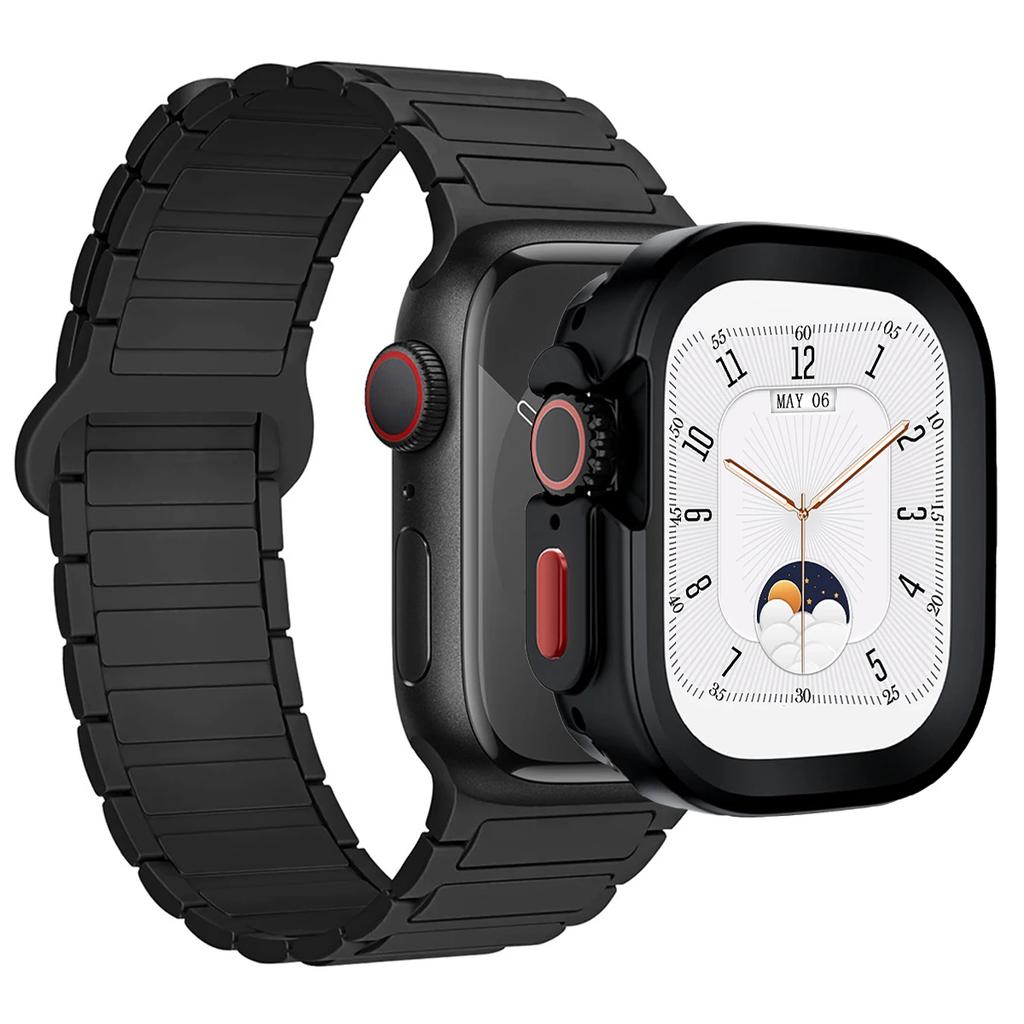 Ремешок+Чехол для Apple Watch Ultra 2 49 42 45 44 S10 46мм Магнитный силиконовый ремешок+чехол для IWatch Series 9 8 7 6 5 4 42мм 40 41мм