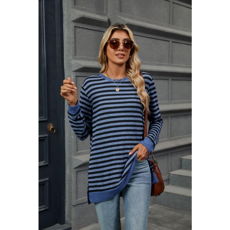 Осенне-зимняя женская блузка больших размеров в полоску с круглым вырезом и длинными рукавами, свободный топ