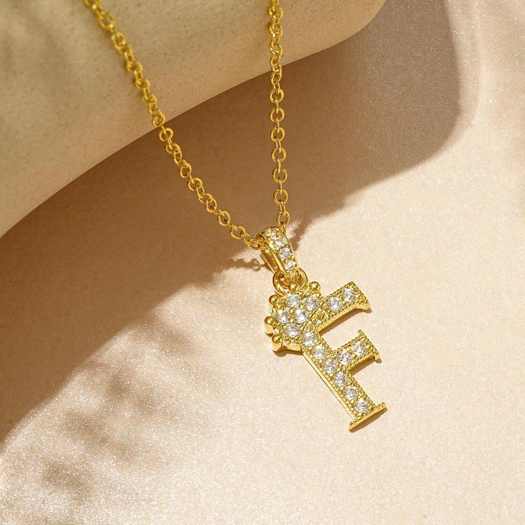 Gold-Plated Zircon Crown Letter Pendant Necklace - Women's Versatile Choker