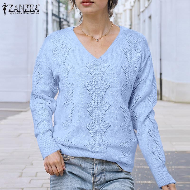 ZANZEA Женский повседневный свитер с длинным рукавом и ажурным узором