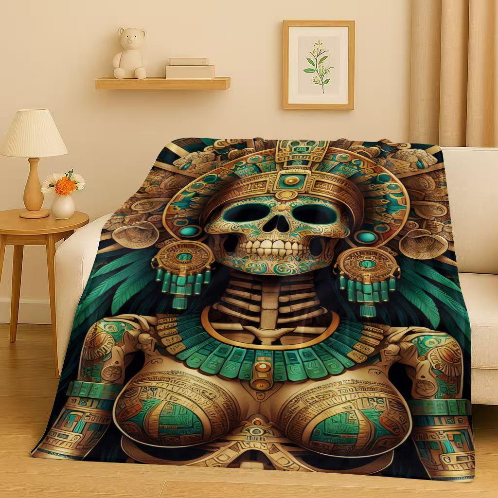 Retro Aztec Totem Maya Mask Sun God Flannel Blanket,Ultra Soft Warm Plush Throw for Home Bedroom Bed Sofa Cover Office Gift Kids