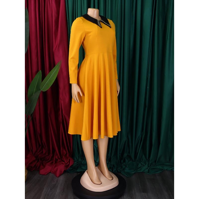 YYFS Женская мода весна осень однотонный принт длинный рукав поло воротник высокая талия повседневные платья