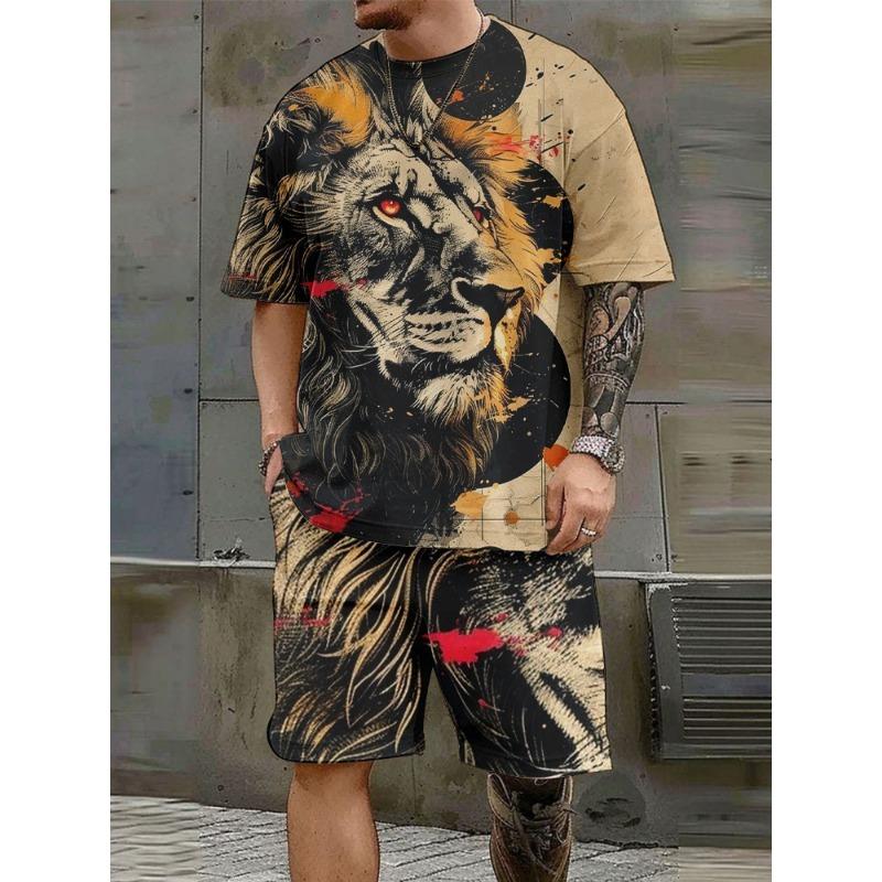 Мужской комплект с короткими рукавами и гордым и безудержным принтом льва, круглый вырез, шорты с короткими рукавами, модный и повседневный мужской комплект