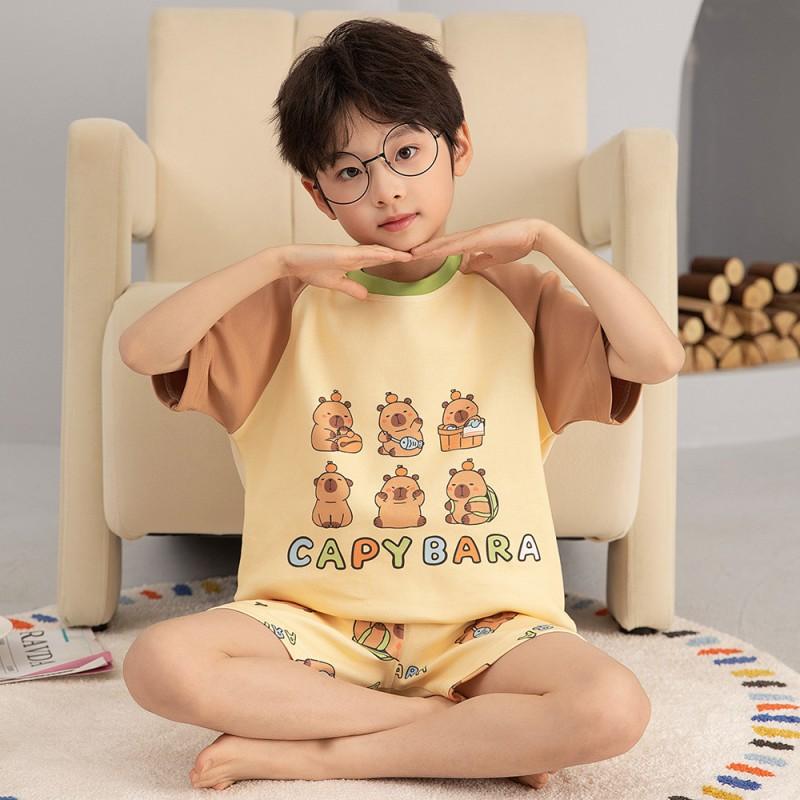 2026 Boys Cotton Pajama Set Short Sleeve Sleepwear Kids Teens Lightweight Home Wear