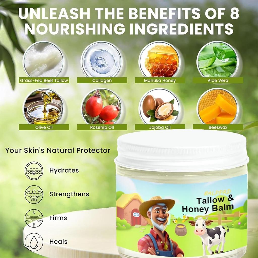 Бальзам с жиром и медом, увлажняющий крем для лица с жиром, говяжий жир для кожи, полностью натуральный увлажняющий крем ручной работы с жиром травяного откорма и диким медом для гладкости