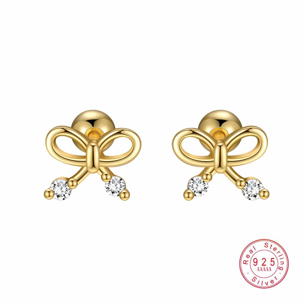 S925 Sterling Silver Inlaid Zircon Bow Screw Earrings Korean Simple Fashionable Sweet Temperament Earrings for Women
