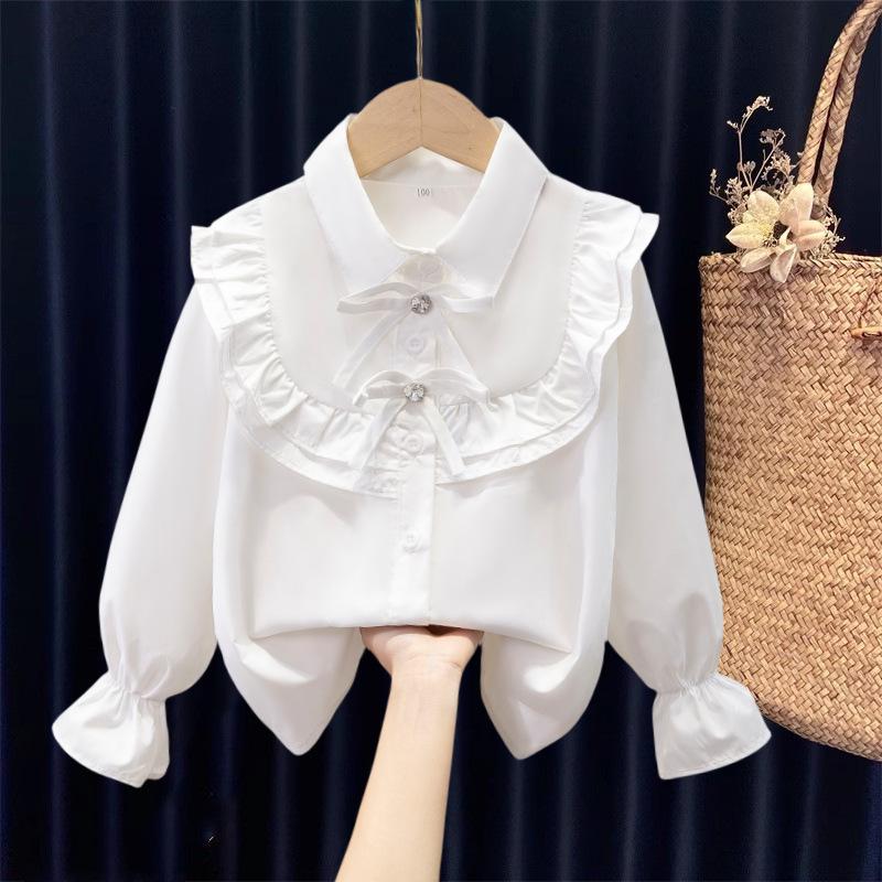 Для малышей, девочки, белая рубашка с длинным рукавом, кружевные топы для девочек, школьная форма, блузка, детская одежда