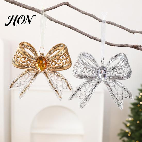 Gold Edged Bow Ornaments Acrylic Faux Crystal Christmas Ornament, Sparkly Hollow Decorative Bows for Garlands Knot Hanging Decoration Home New