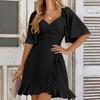 European and American Solid Color Summer Women's V-neck Waist Cinched Ruffle Edge Simple Temperament Dress