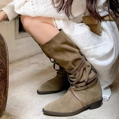 Женские замшевые ботильоны на шнуровке на толстом каблуке в западном стиле для осени/зимы