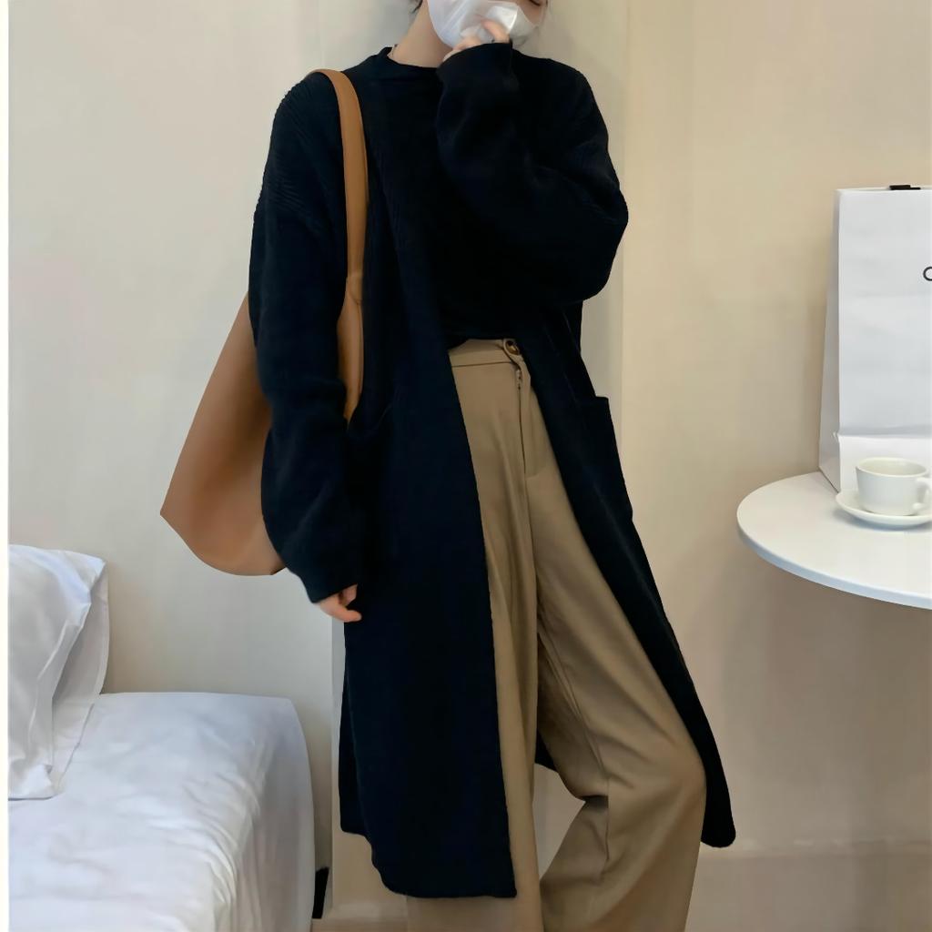 Autumn and Winter Women's Sweater In The Long Section of Soft Knitted Cardigan Loose Lazy Wind Large Pockets Temperament Soft Sweater Coat