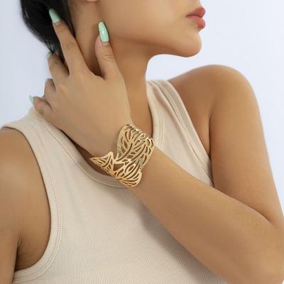 Металлический широкий браслет-манжета с открытыми концами, простой полый браслет с листьями и цветами, подарок