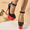 Мода Aphixta 2 см Пряжка ремня Сутенеры Модель Показ мод 16,5 см Высокие каблуки Женский банкет Круглый носок Обувь-лодочки Большой размер 35-50