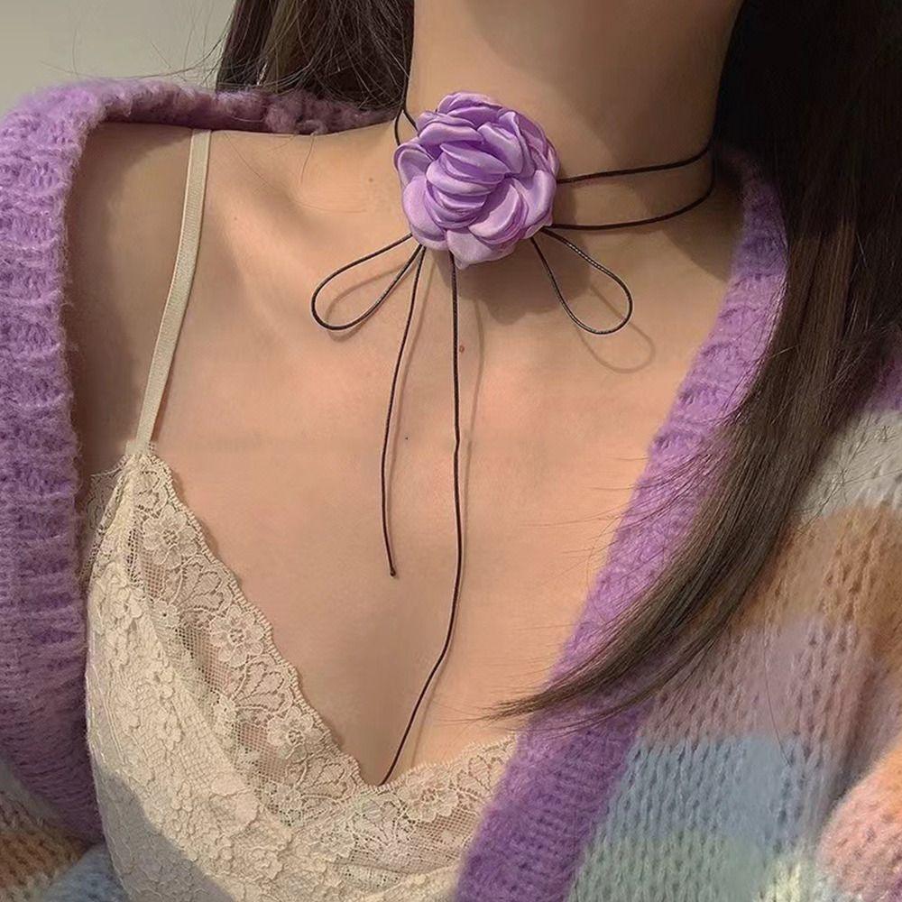 Cloth Big Flower Choker Lace-up Rope Knot Clavicle Chain Exquisite Flower Necklace  Women