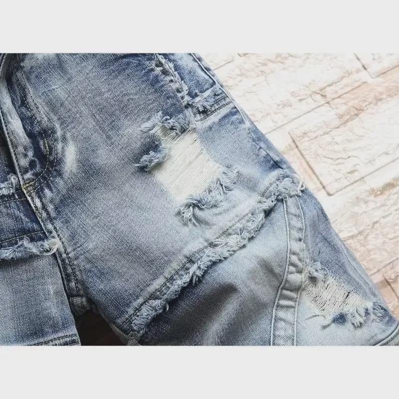 Мужские модные облегающие джинсовые шорты с рваными нашивками - Летний стиль средней длины