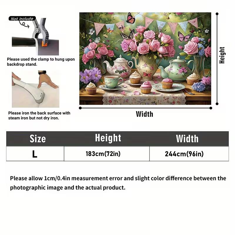 2D Vintage Tea Party Backdrop Pink Roses Teapot Cupcake Garden Background