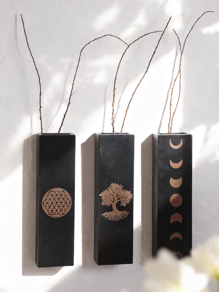 Boho Wall-Mounted Vase Black Wooden Planter with Moon Phase, Tree of Life & Flower of Life Design Home Decor Wall Hanging Gifts