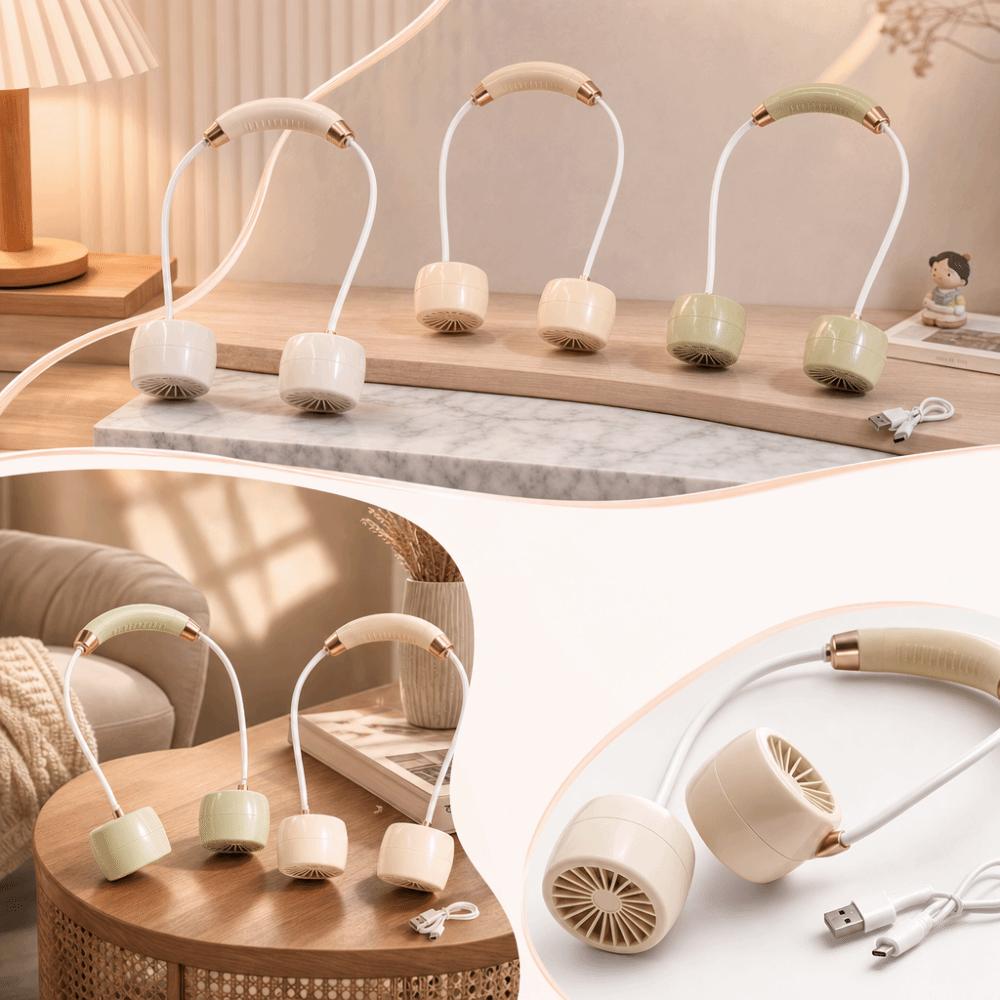 Cream Tone Wearable Neck Fan Foldable Structure Turbine Air Outlets Foldable Neck Fan Soft Wind Rechargeable Battery