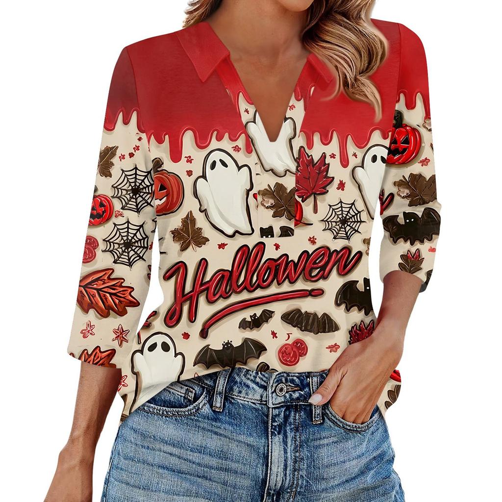Women's Fashion Casual Lapel 3/4 Sleeve Halloween Print Shirt Women's V-Neck Tops