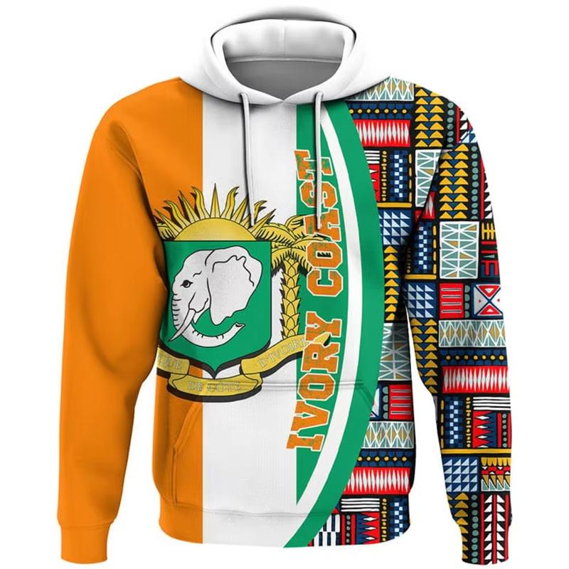 3D-печать Карта Африки Флаг Толстовки для мужчин Национальная эмблема Спортивный костюм Животное Слон Графические Толстовки Повседневные Свободные Пуловеры