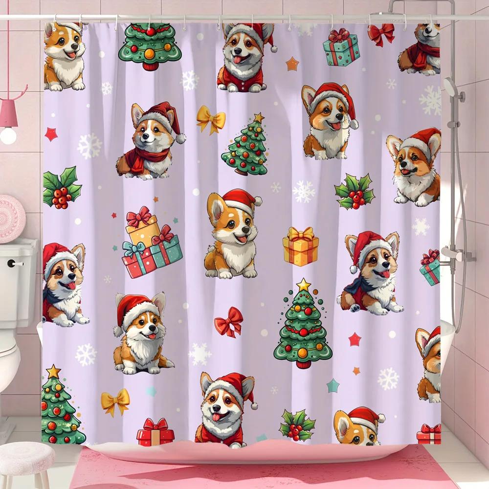 Funny Christmas Puppy Shower Curtain Christmas Tree Gift Bow Snowflake Polyester Fabric Shower Curtain Bathroom Decor With Hooks
