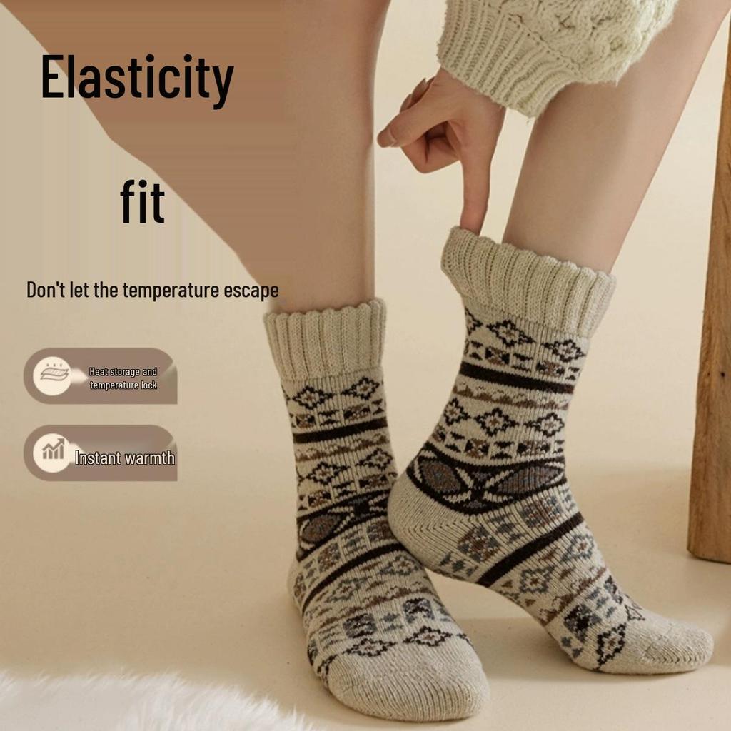 Women's Retro Ethnic Wool Socks - Warm, Fleece-Lined, Mid-Calf for Autumn/Winter