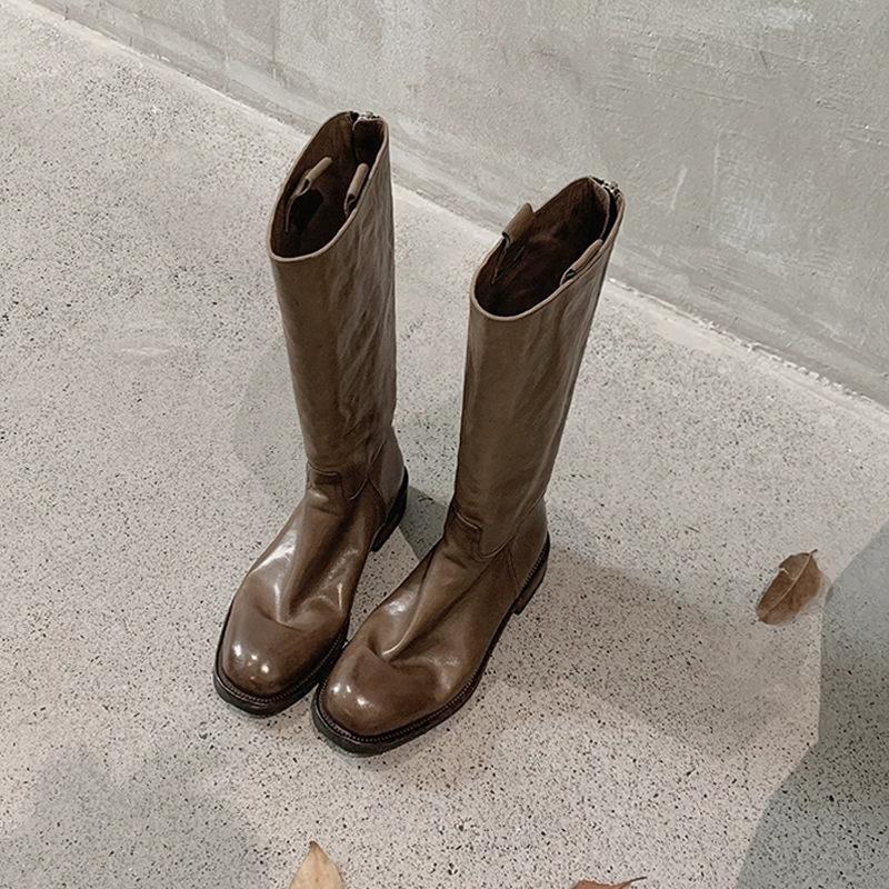 Версия из коровьей кожи Итальянская кожа растительного дубления~ вымытый грубый каблук молния сзади полусапоги рыцарские сапоги женские осень и зима