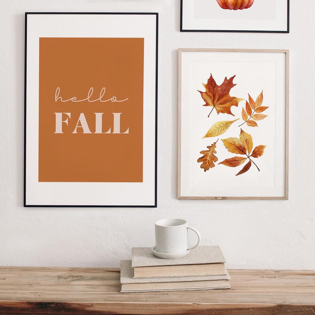 3pc Orange Hello Fall Printable Wall Art, Fall Leaves Print, Watercolor Pumpkin Autumn Print, Fall Quote Poster, Farmhouse Decor