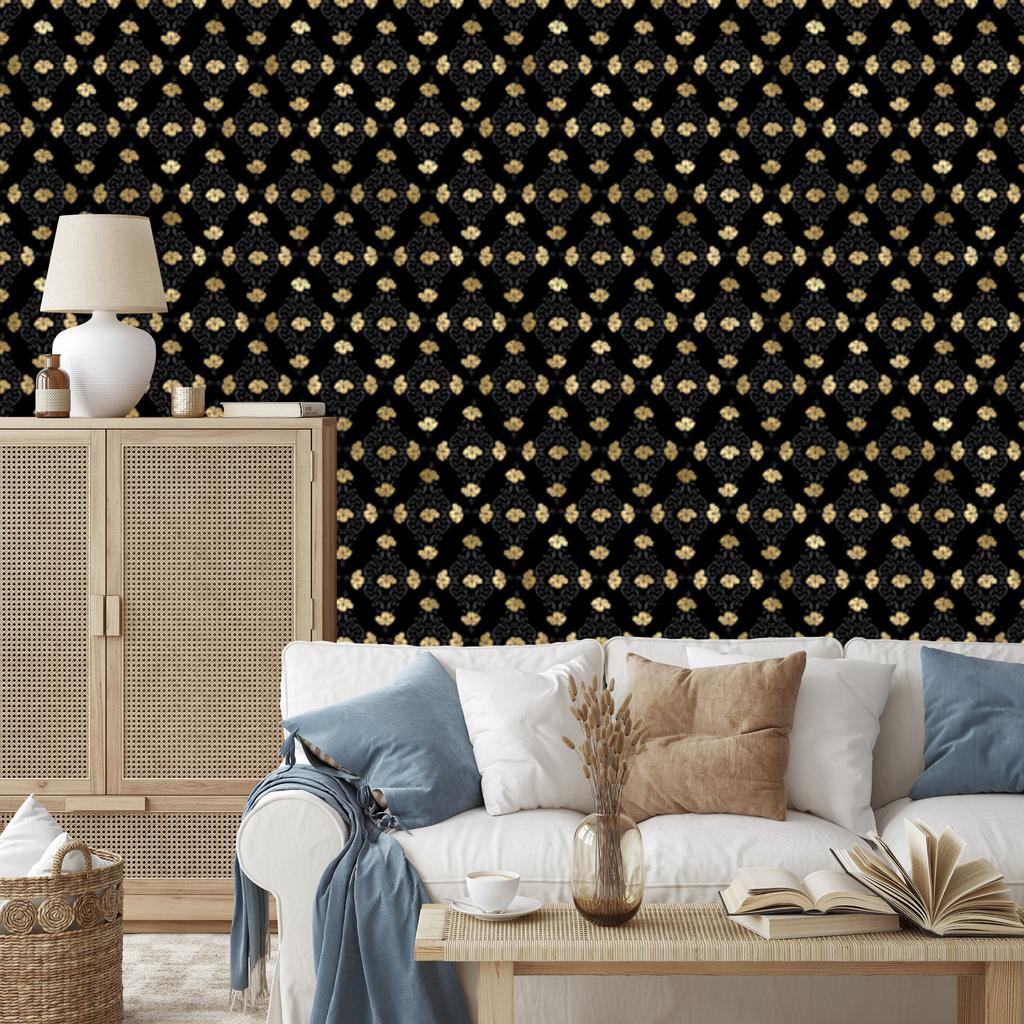 Black and Gold Tropical Pattern Wallpaper in Black, Ochre and Brown 50x1000