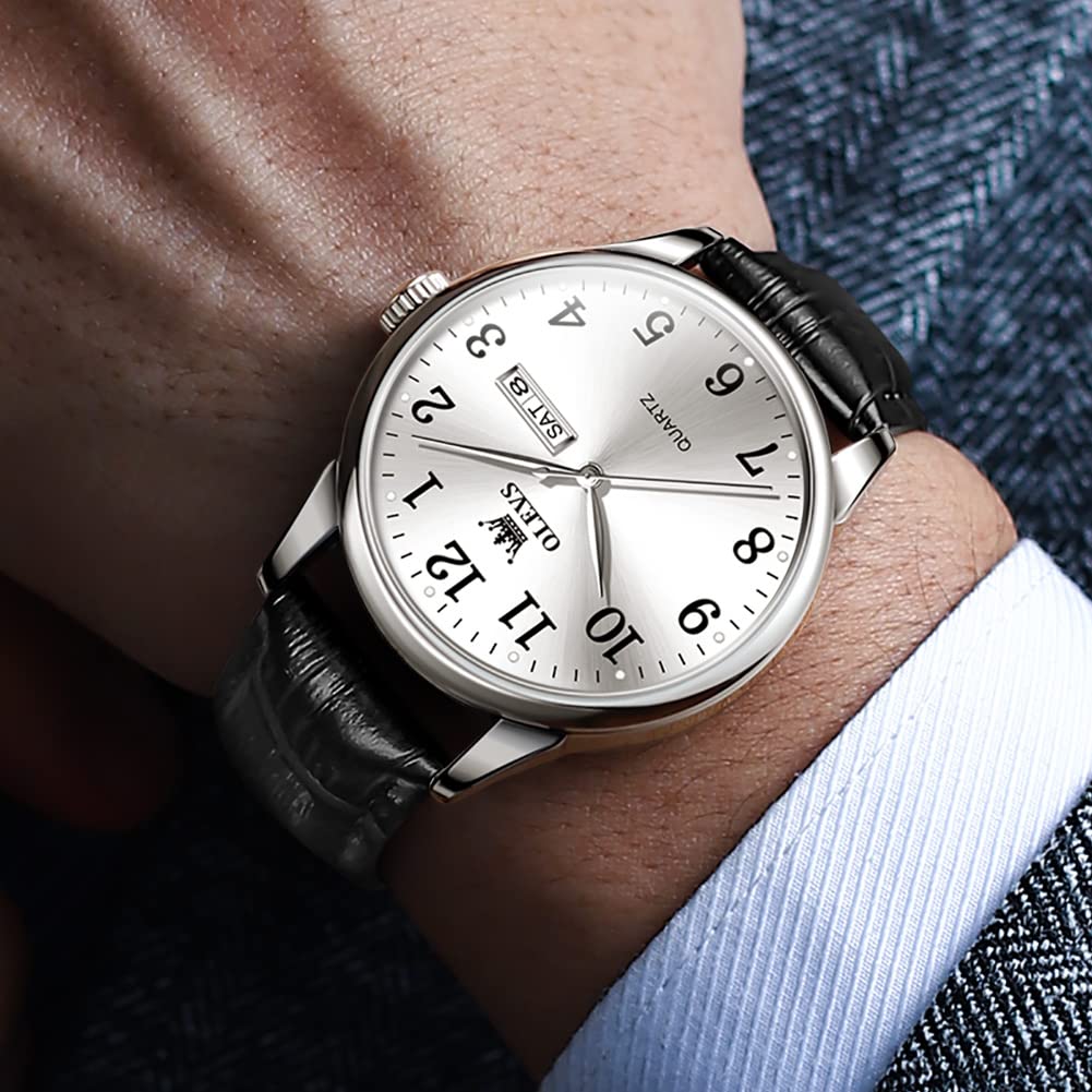 OLEVS Черные стильные кварцевые часы Аналоговые водонепроницаемые часы Популярные часы Кожаный ремень Бизнес-часы День недели Дата Легко читаемый подарок Белый