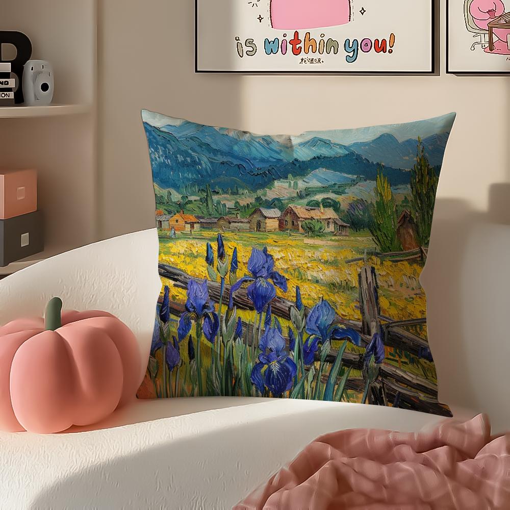 Подушка-чехол для подушки в стиле пейзажной живописи, наволочка, короткий плюш, скрытая молния, для дивана в гостиной