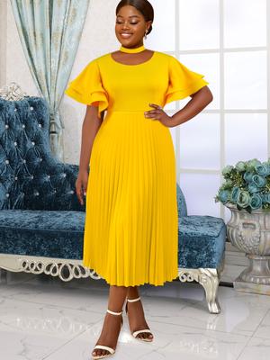 Желтые платья трапециевидной формы для женщин с круглым вырезом и короткими рукавами с оборками и высокой талией Плиссированные офисные повседневные повседневные вечерние платья миди Наряды