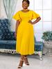 Желтые платья трапециевидной формы для женщин с круглым вырезом и короткими рукавами с оборками и высокой талией Плиссированные офисные повседневные повседневные вечерние платья миди Наряды